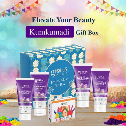 Globus Naturals Pre & Post Holi Ritual Herbal Kumkumadi skin care Gift Box, For All Skin Types, Both Men & Women, Set of 4 - Face Wash 100 gm, Face Scrub 100 gm, Face Cream 100 gm & Face Pack 100 gm