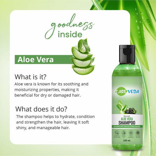 CareVeda Revival Aloe Vera Shampoo, Enriched with Charcoal & Niacinamide, For All Hair Types 100 ml