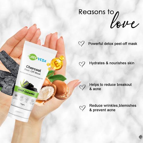 CareVeda Charcoal Peel Off Mask, Enriched with Vitamin E and Argan Oil,  Deep Cleanse, Natural Ingredients, Gentle & Mild, Toxin Free, Suitable For Normal to Oily Skin, 75gm