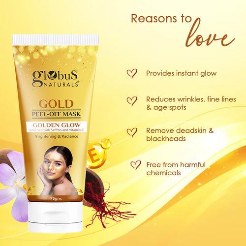 Globus Naturals Gold Peel Off Mask For Golden Glow, Enriched with Saffron & Vitamin-E, Brightening & Radiance, Suitable For All Skin Types, 75 g