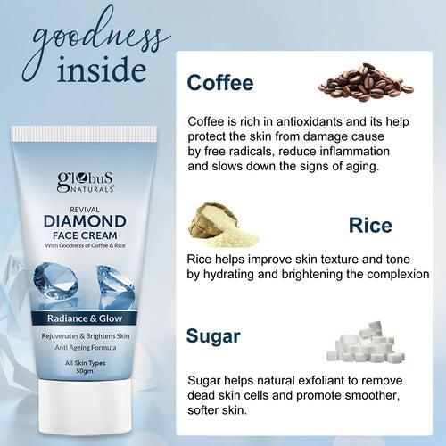 Globus Naturals Revival Diamond Face Cream, For Soft & Glowing Skin, Even Tones Skin & Improves Skin Texture, Non- Sticky Cream, Natural & Ayurvedic Formula, 50gm