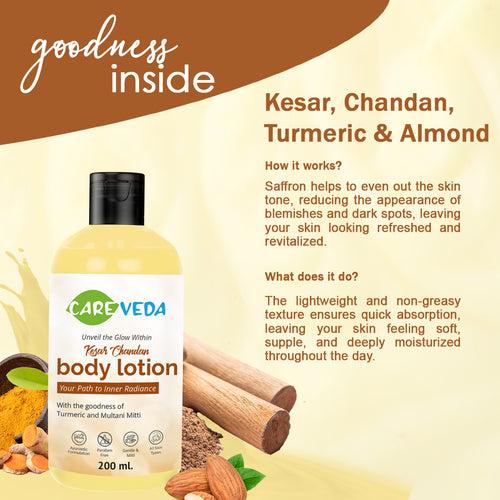 CareVeda Kesar Chandan Body Lotion, with the goodness of Turmeric and Almond, Ayurvedic Preparation, Paraben Free, Gentle & Mild, Suitable For All Skin Types, 200 ml