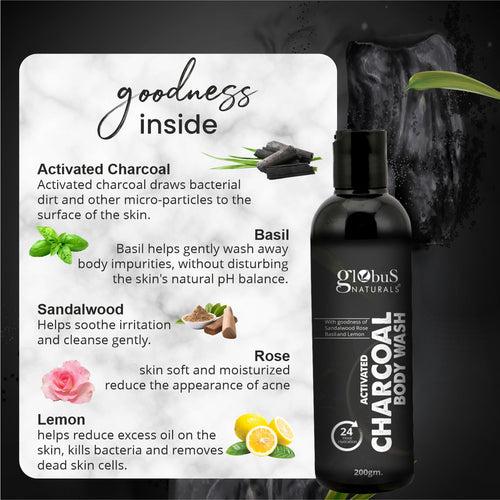 Globus Naturals Activated Charcoal Body Wash For Deep Cleansing & Refreshing, With Rose & Basil, Natural & Ayurvedic Formula, Chemical Free, Cruelty Free, For All Skin Types, 200 gms