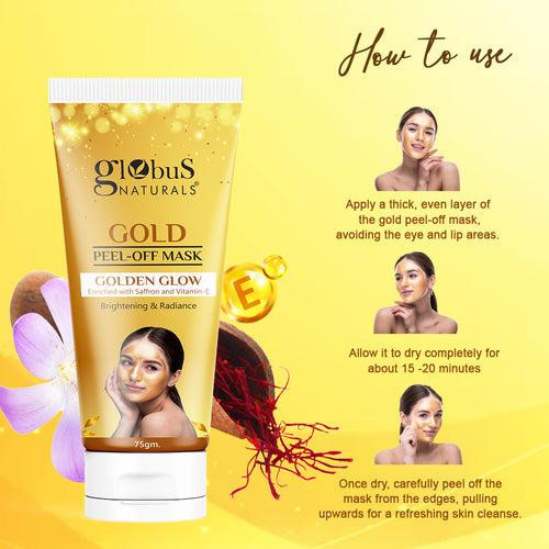 Globus Naturals Gold Peel Off Mask For Golden Glow, Enriched with Saffron & Vitamin-E, Brightening & Radiance, Suitable For All Skin Types, 75 g