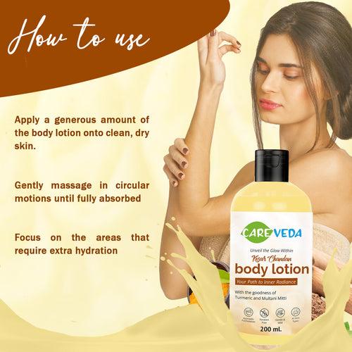 CareVeda Kesar Chandan Body Lotion, with the goodness of Turmeric and Almond, Ayurvedic Preparation, Paraben Free, Gentle & Mild, Suitable For All Skin Types, 200 ml