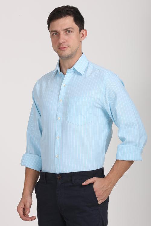 Copperline Men Light Blue Stripes Formal Shirt