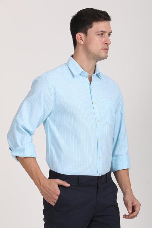 Copperline Men Light Blue Stripes Formal Shirt