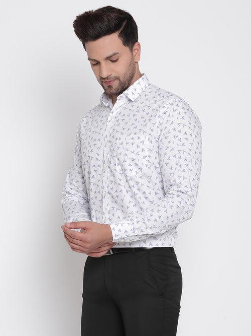 White with Blue Printed Men Formal Shirt