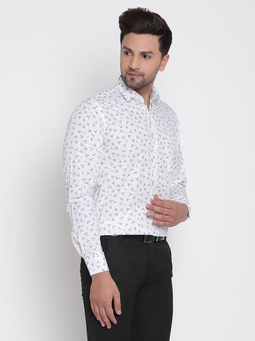 White with Blue Printed Men Formal Shirt