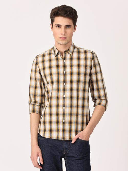 Crosscreek Men Beige Slim Fit Checked Cotton Casual Shirt