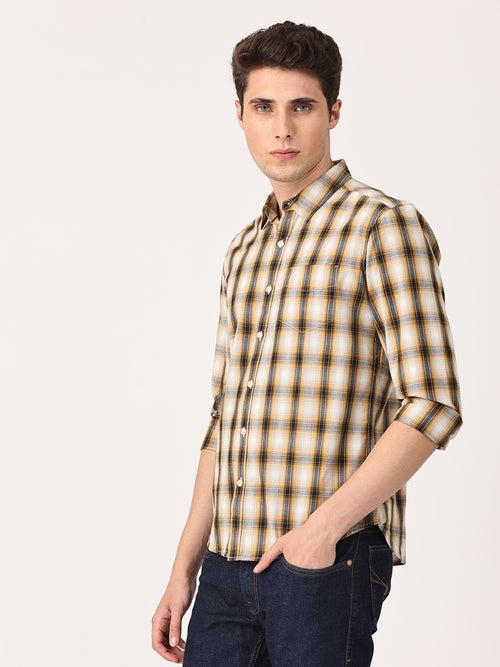 Crosscreek Men Beige Slim Fit Checked Cotton Casual Shirt