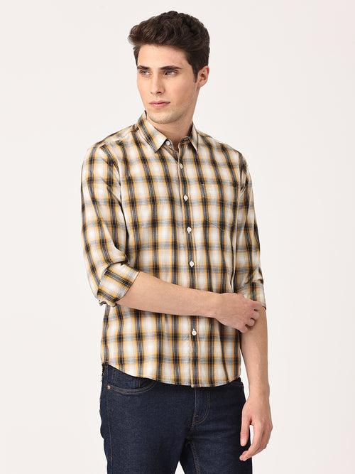 Crosscreek Men Beige Slim Fit Checked Cotton Casual Shirt