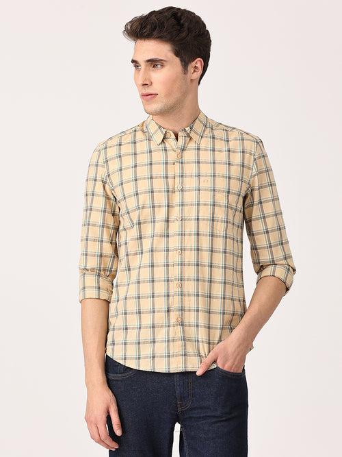 Crosscreek Men Beige Slim Fit Checked Cotton Casual Shirt