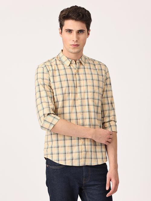 Crosscreek Men Beige Slim Fit Checked Cotton Casual Shirt