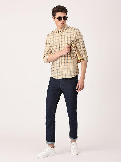 Crosscreek Men Beige Slim Fit Checked Cotton Casual Shirt