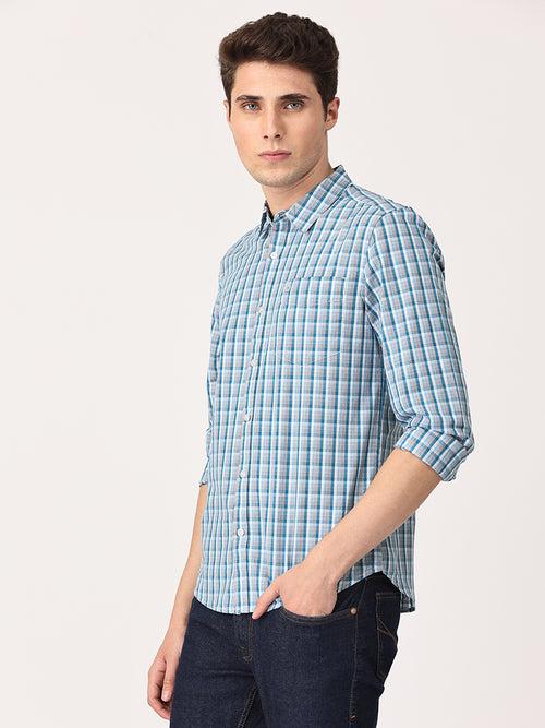 Crosscreek Men Blue Slim Fit Checked Cotton Casual Shirt