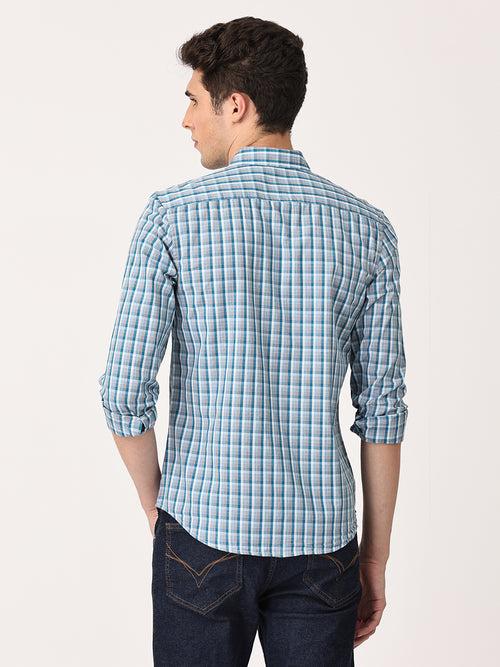 Crosscreek Men Blue Slim Fit Checked Cotton Casual Shirt