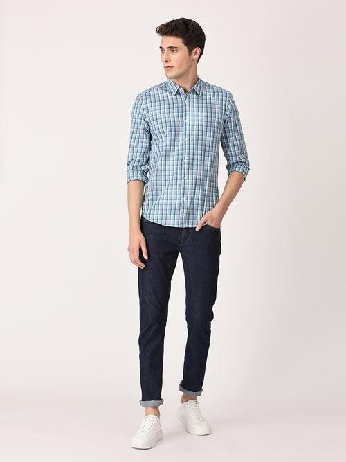 Crosscreek Men Blue Slim Fit Checked Cotton Casual Shirt