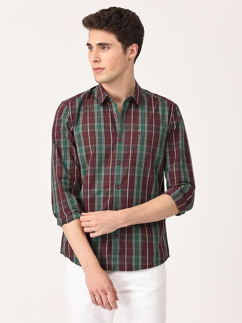 Crosscreek Men Maroon Slim Fit Checked Cotton Casual Shirt