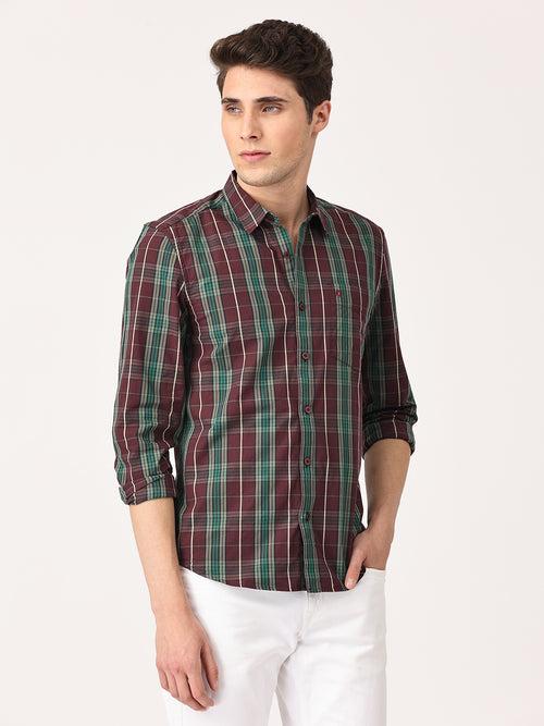 Crosscreek Men Maroon Slim Fit Checked Cotton Casual Shirt