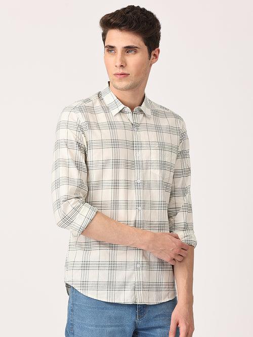 Crosscreek Men White Slim Fit Checked Cotton Casual Shirt