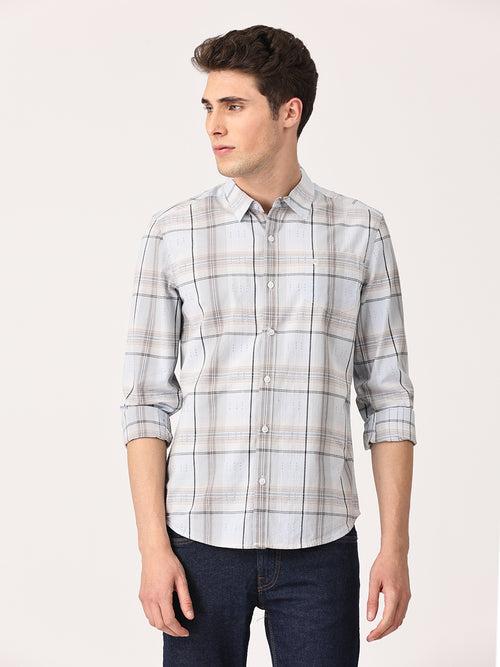 Crosscreek Men Light Grey Slim Fit Checked Cotton Casual Shirt