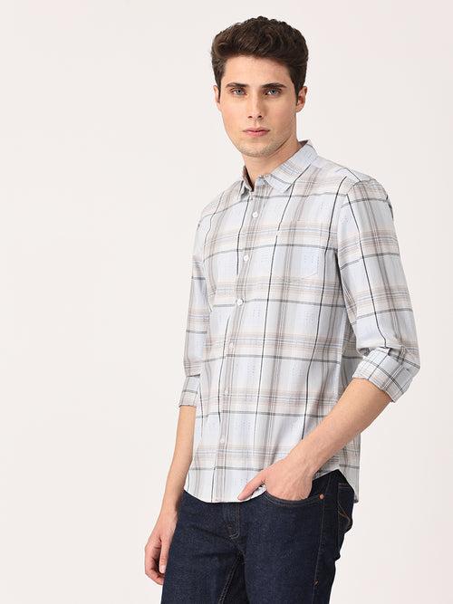 Crosscreek Men Light Grey Slim Fit Checked Cotton Casual Shirt