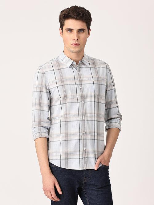 Crosscreek Men Light Grey Slim Fit Checked Cotton Casual Shirt