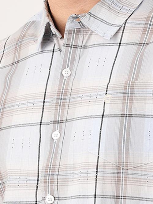 Crosscreek Men Light Grey Slim Fit Checked Cotton Casual Shirt