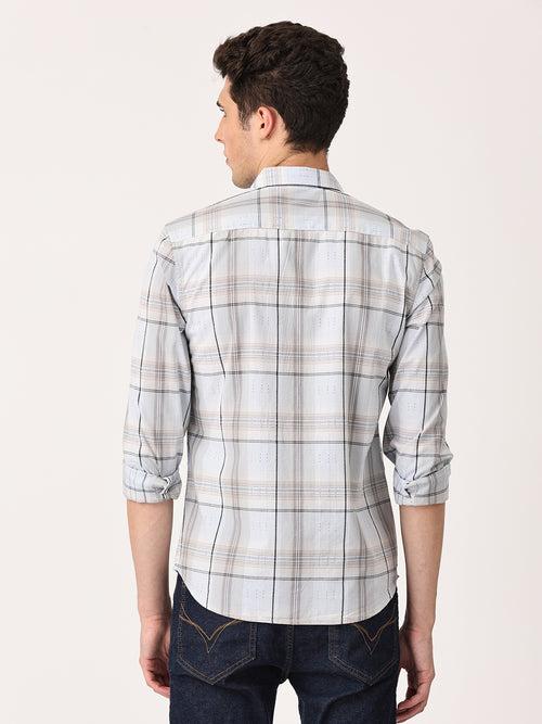 Crosscreek Men Light Grey Slim Fit Checked Cotton Casual Shirt