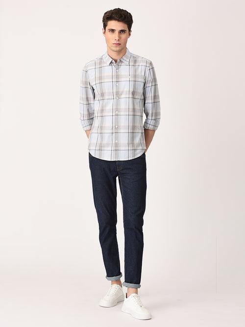 Crosscreek Men Light Grey Slim Fit Checked Cotton Casual Shirt