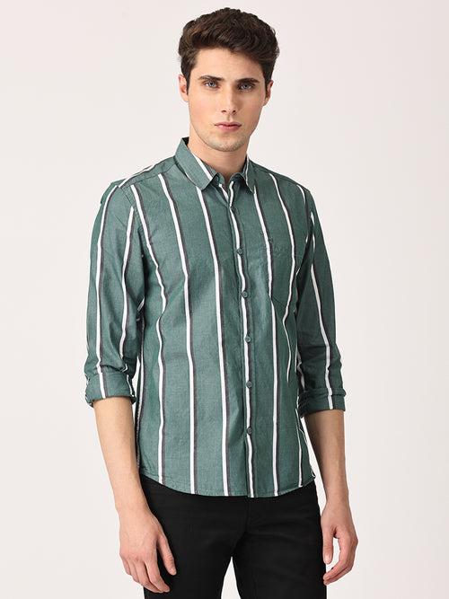 Crosscreek Men Green Slim Fit Striped Cotton Casual Shirt