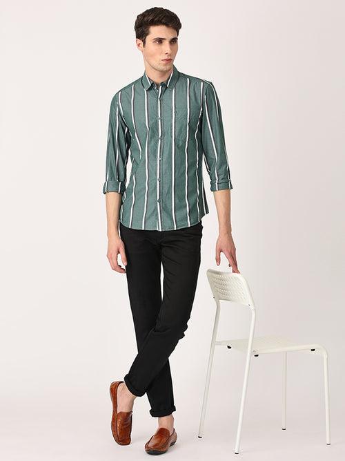 Crosscreek Men Green Slim Fit Striped Cotton Casual Shirt