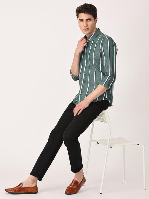 Crosscreek Men Green Slim Fit Striped Cotton Casual Shirt