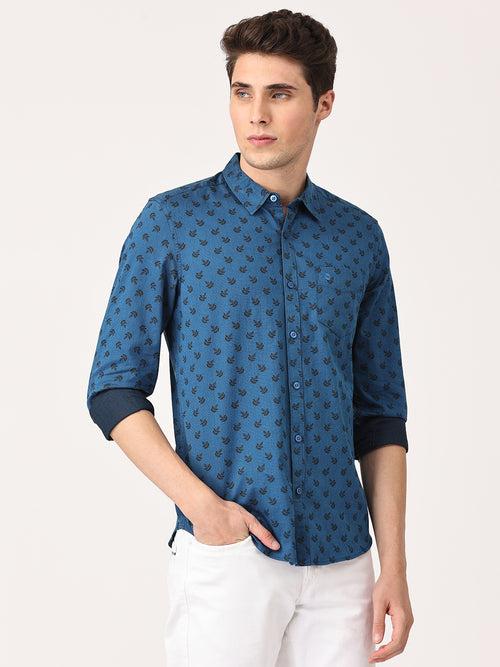 Crosscreek Men Blue with Black Slim Fit Printed Cotton Casual Shirt