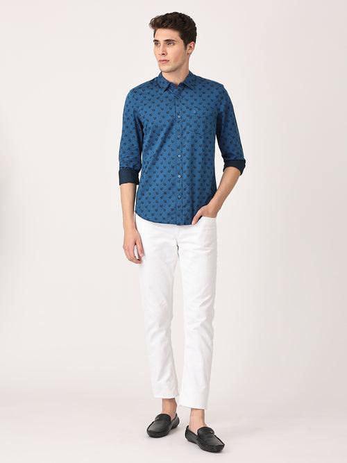 Crosscreek Men Blue with Black Slim Fit Printed Cotton Casual Shirt