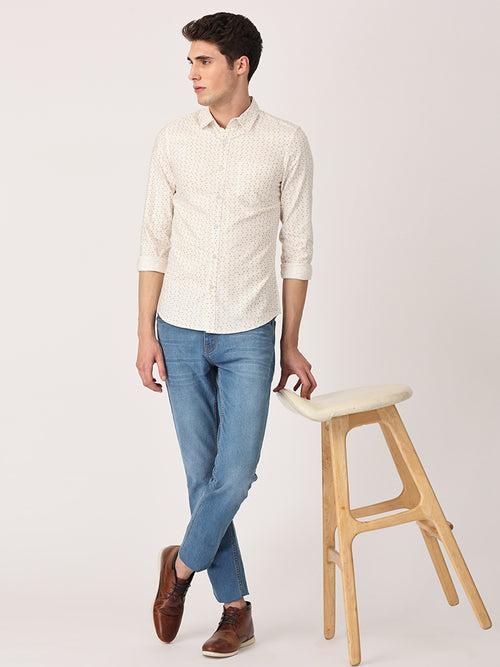 Crosscreek Men White Slim Fit Printed Cotton Casual Shirt