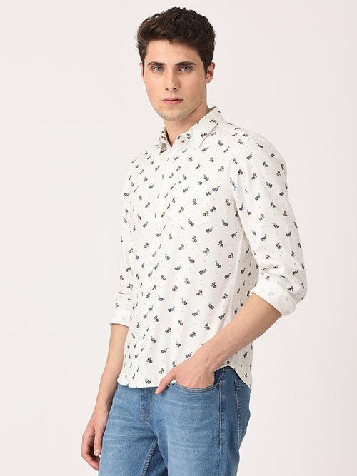 Crosscreek Men White Slim Fit Printed Cotton Casual Shirt