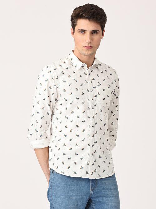 Crosscreek Men White Slim Fit Printed Cotton Casual Shirt