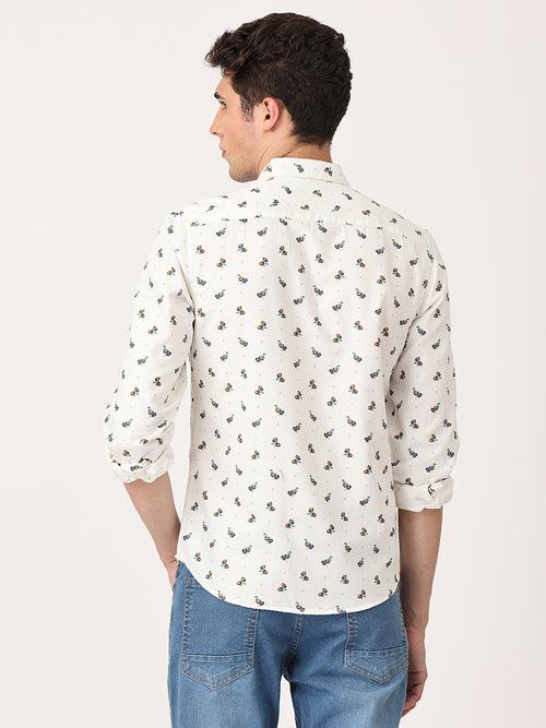 Crosscreek Men White Slim Fit Printed Cotton Casual Shirt