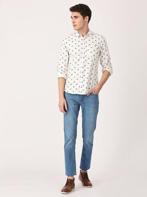 Crosscreek Men White Slim Fit Printed Cotton Casual Shirt