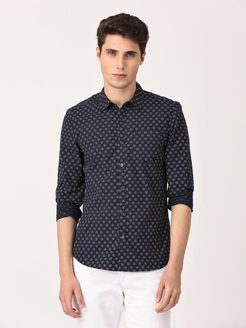 Crosscreek Men Navy Blue Slim Fit Printed Cotton Casual Shirt