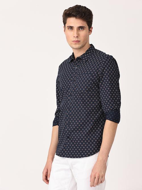 Crosscreek Men Navy Blue Slim Fit Printed Cotton Casual Shirt