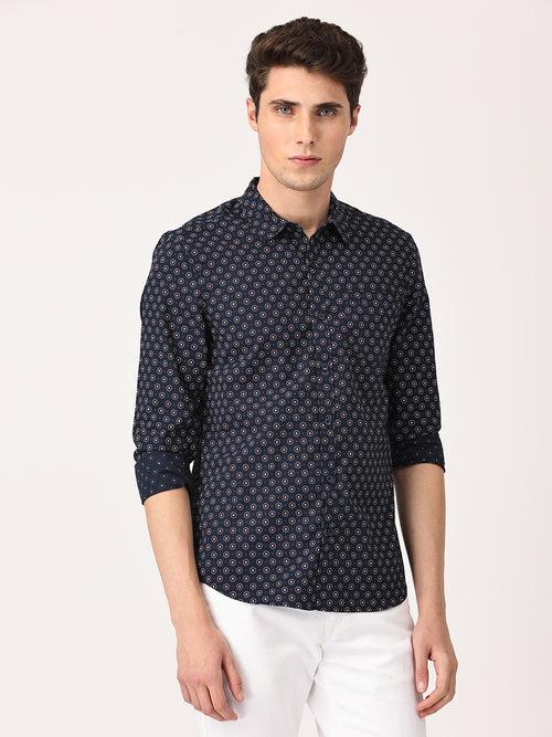 Crosscreek Men Navy Blue Slim Fit Printed Cotton Casual Shirt