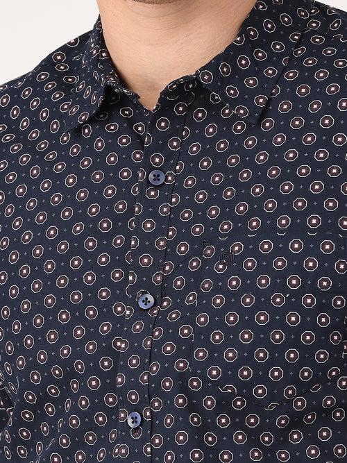 Crosscreek Men Navy Blue Slim Fit Printed Cotton Casual Shirt