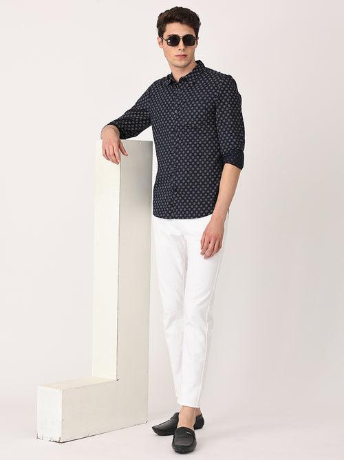 Crosscreek Men Navy Blue Slim Fit Printed Cotton Casual Shirt