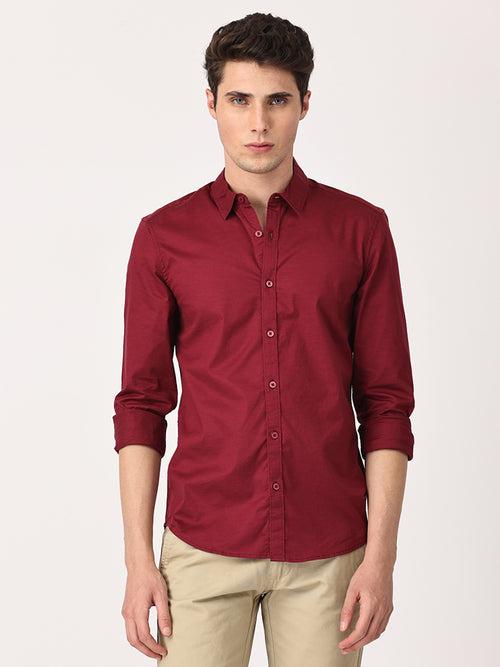 Crosscreek Men Maroon Slim Fit Solid Stretch Cotton Lycra Casual Shirt