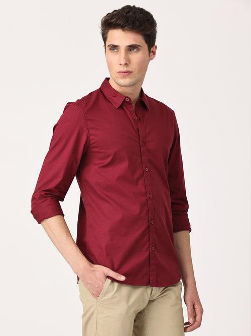 Crosscreek Men Maroon Slim Fit Solid Stretch Cotton Lycra Casual Shirt