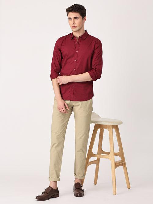 Crosscreek Men Maroon Slim Fit Solid Stretch Cotton Lycra Casual Shirt