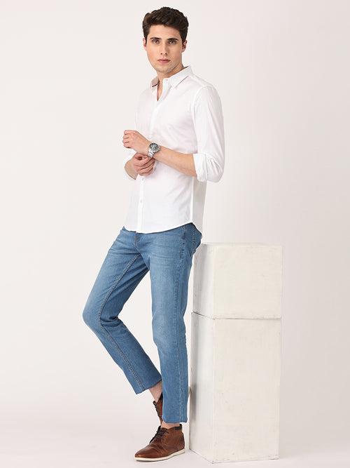 Crosscreek Men White Slim Fit Solid Stretch Cotton Lycra Casual Shirt